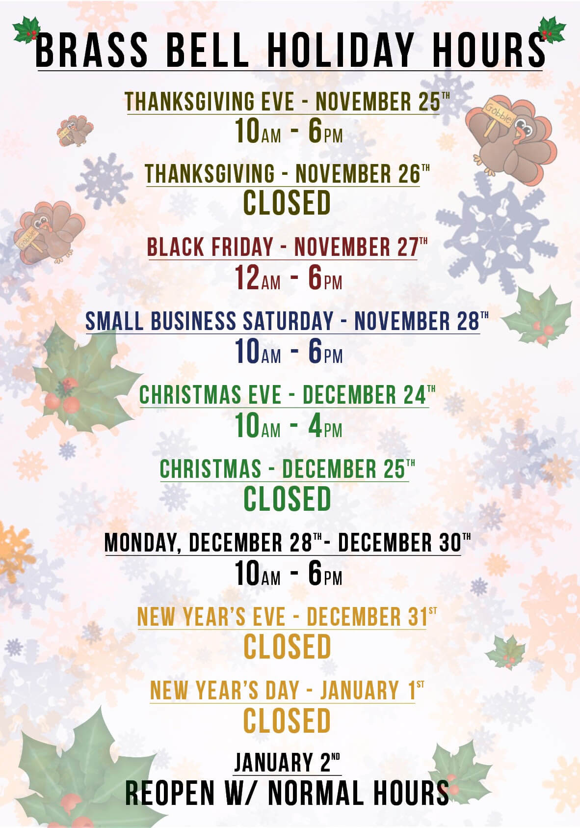 Holiday Hours 2020